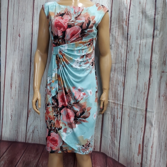 Connected Apparel Floral Print Ruched Wrap Look Midi Dress - Picture 10 of 14
